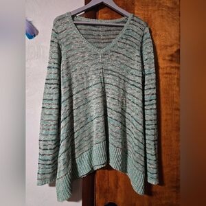Maurices Teal Striped V-Neck Handkerchief Hem Tunic Sweater